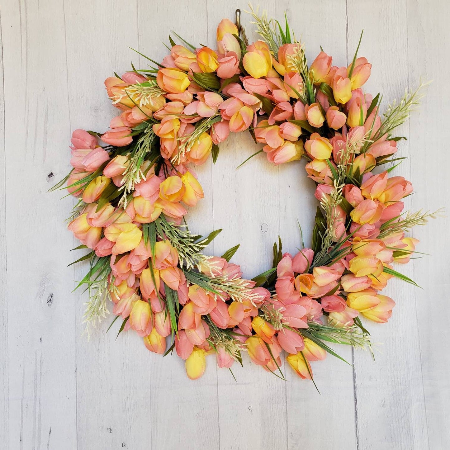 Easter, Mother's Day, Tulip, wreath, peach, yellow, wheat grass, cream, for your wall or door decor