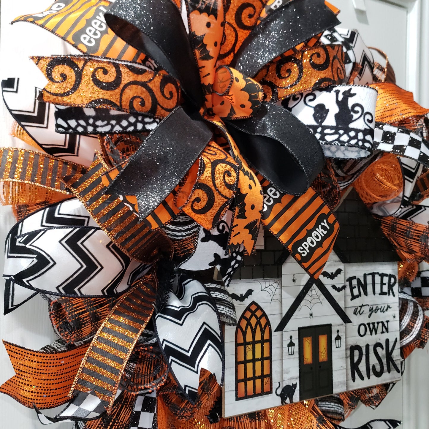 BOO, Halloween, haunted house, black cat, spooky wreath or door hanger