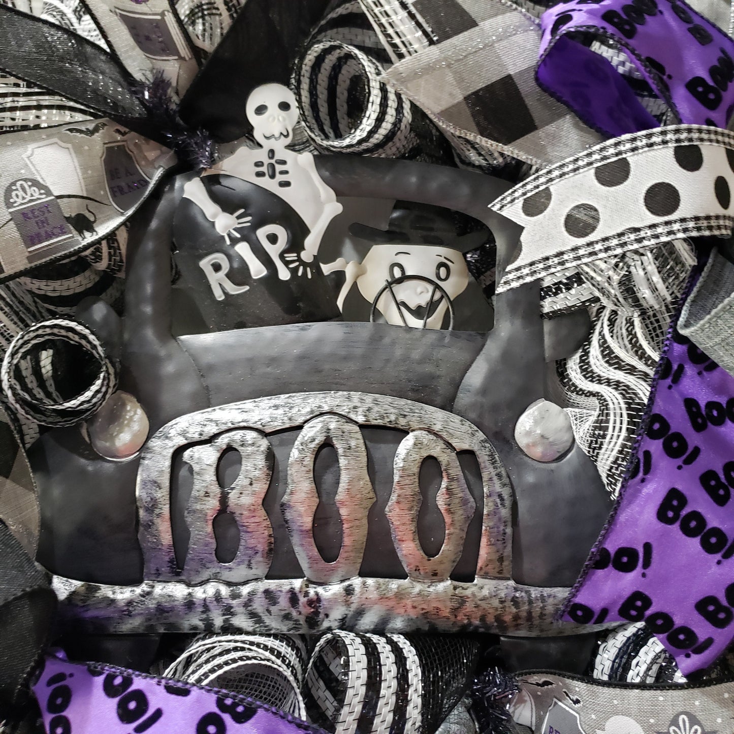 Skeleton Crew, truck, monochromatic, Halloween wreath