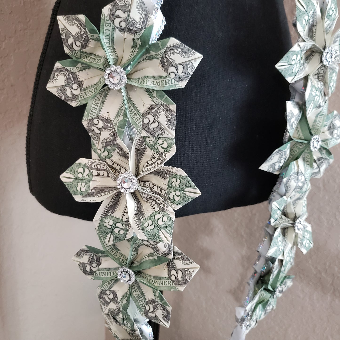 Single military braid with money flowers lei