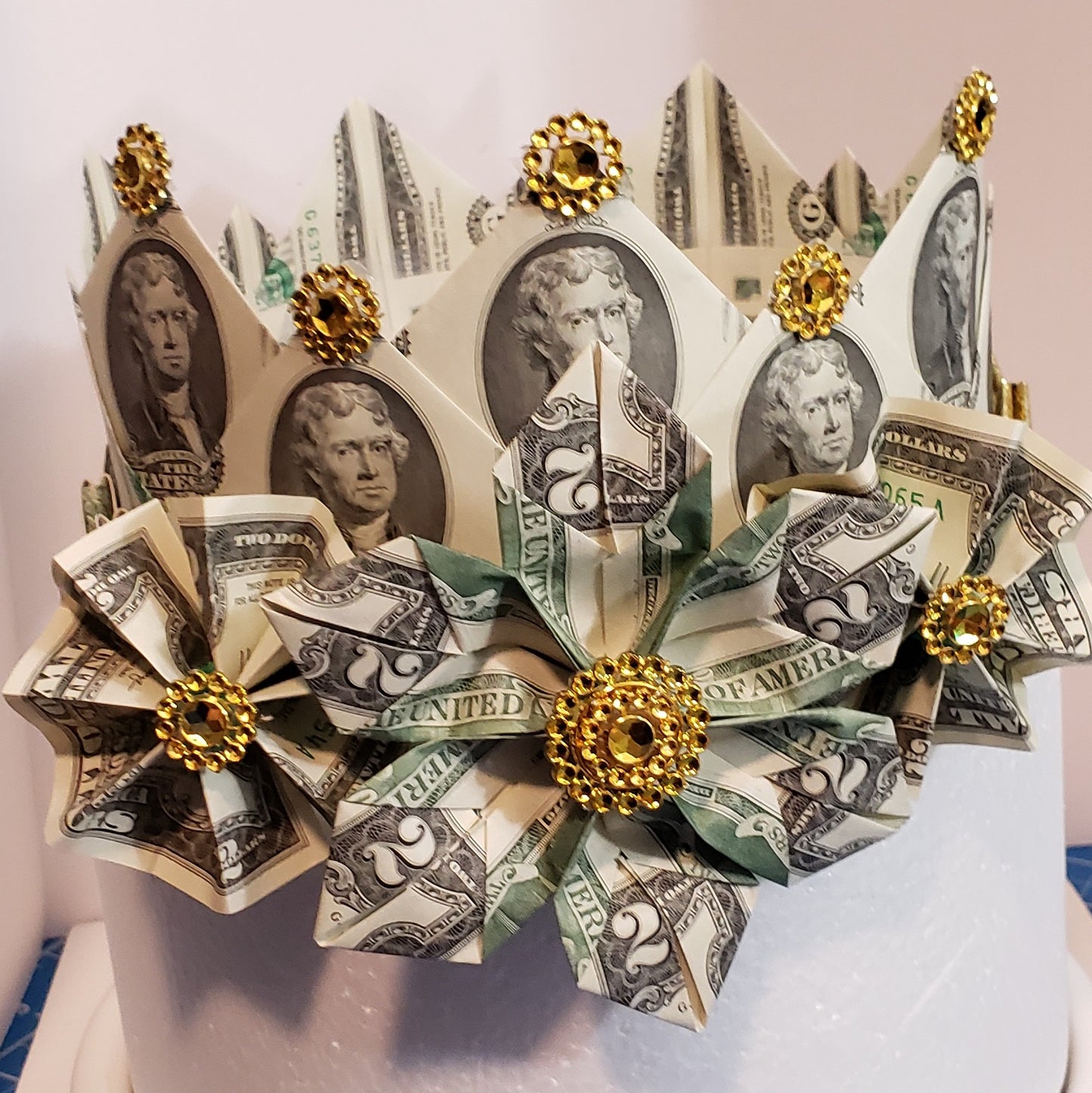 Wearable medium 2 layer graduation money crown Tuiga with 3 flowers, band and bling for any ceremony