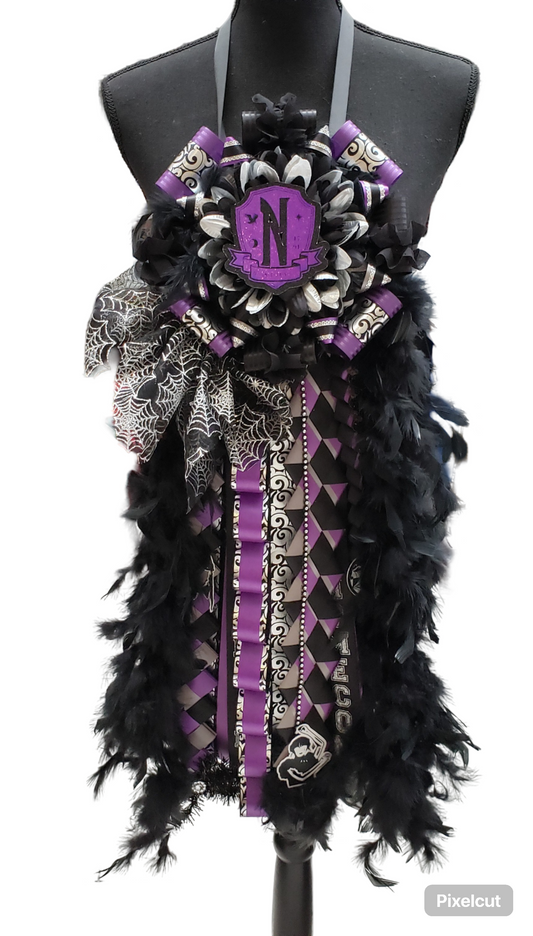 Wednesday Addams theme inspired Homecoming mum. (Premade)