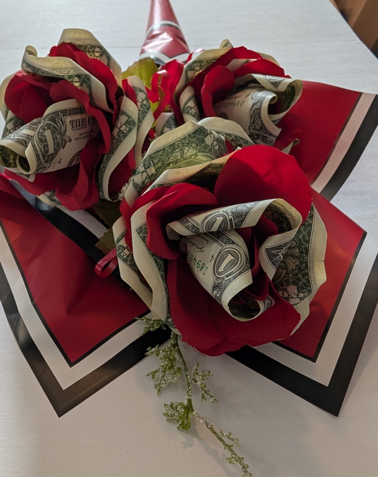 Handheld Money Bouquets with faux foam roses sprayed with glitter