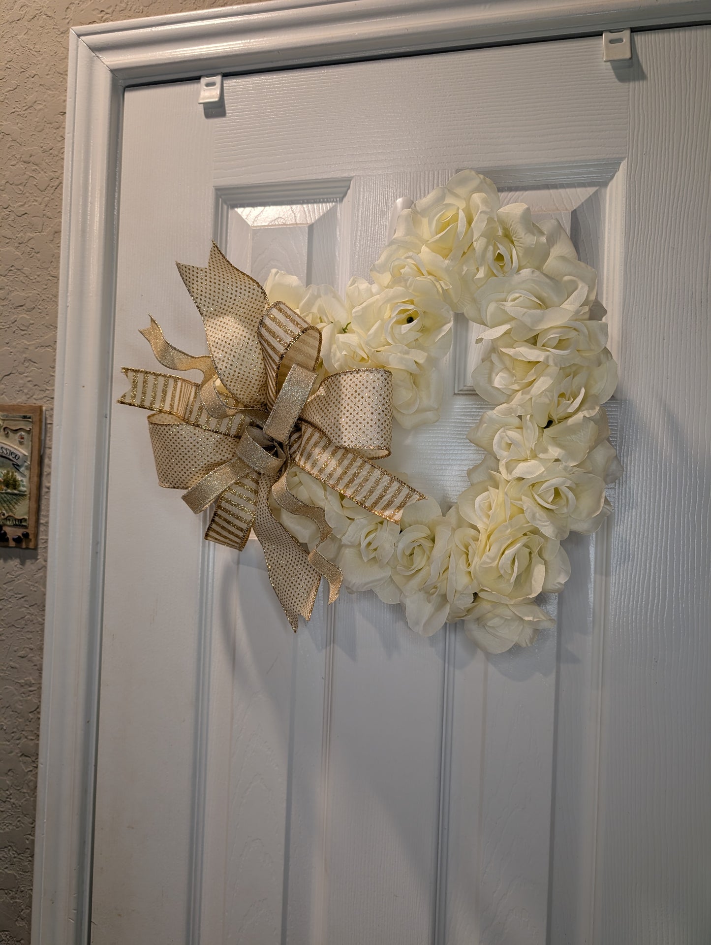 Cream and gold Valentine's Day heart, roses door hanger or wall decor