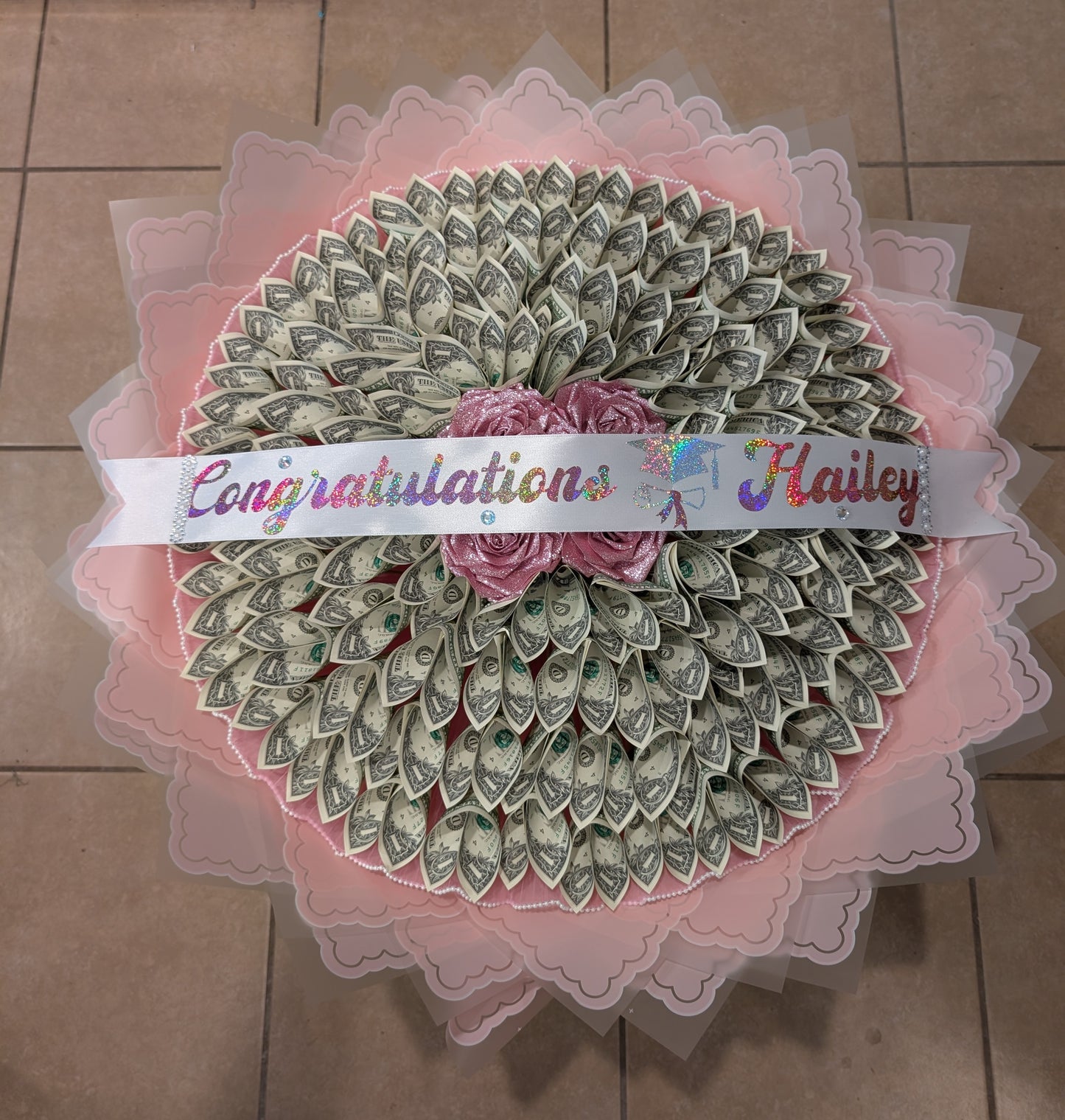 Money Bouquet with faux foam roses sprayed with glitter