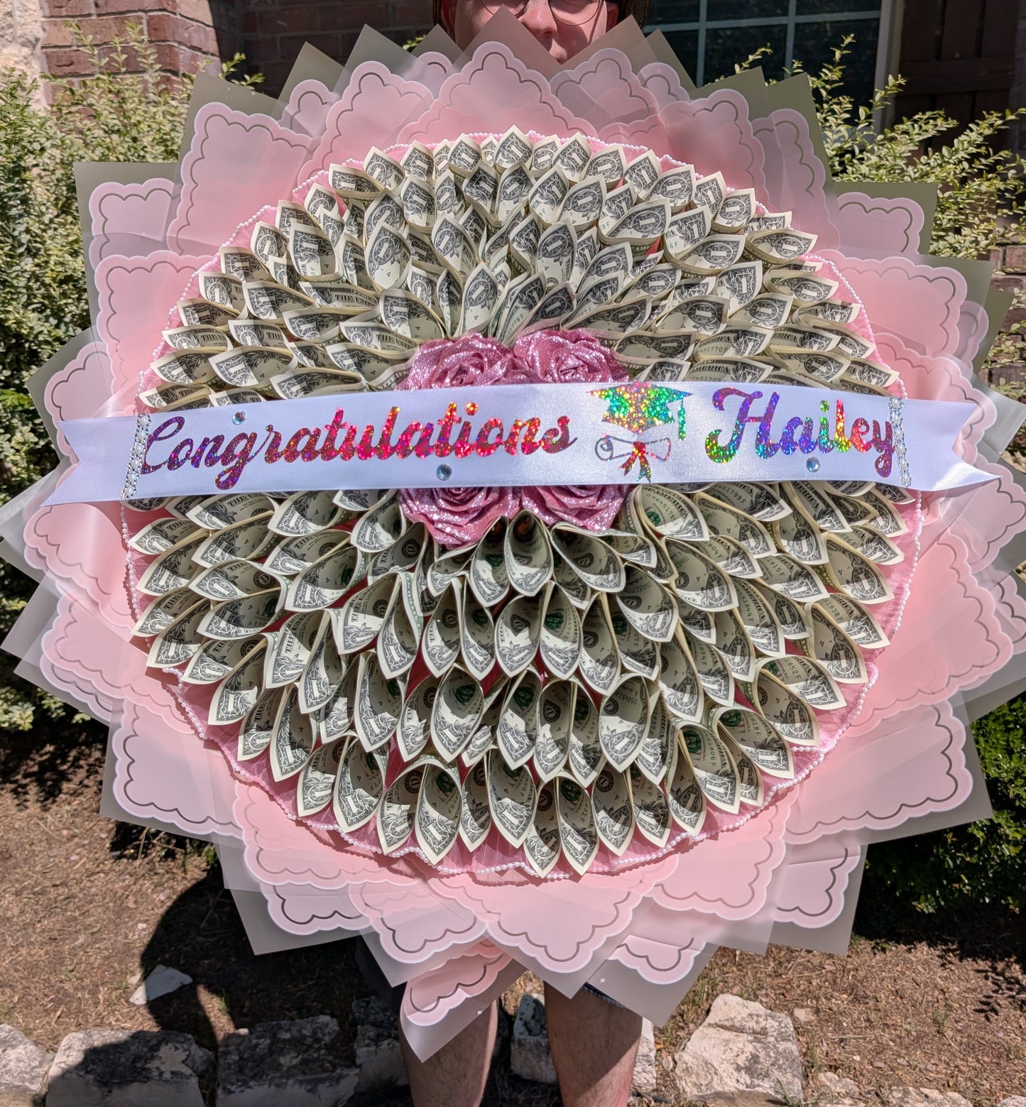 Money Bouquet with faux foam roses sprayed with glitter