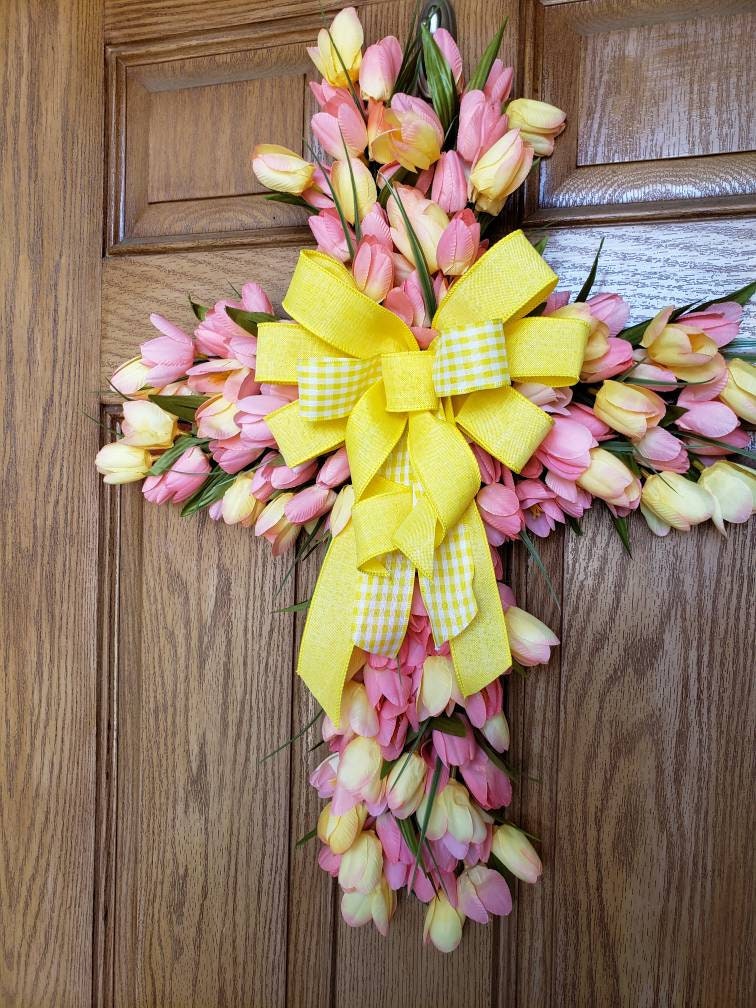 Easter or Spring, Salmon Pink and yellow, Tulip cross for your wall or any door decor