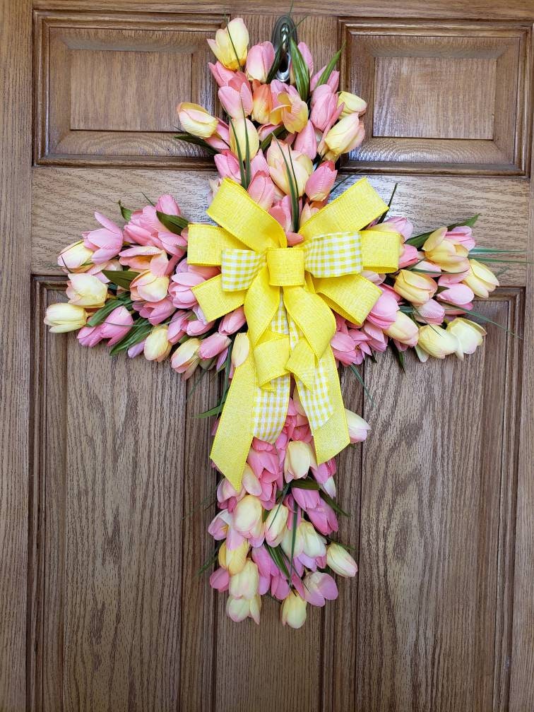 Easter or Spring, Salmon Pink and yellow, Tulip cross for your wall or any door decor