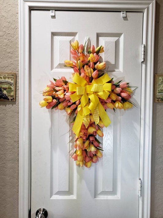 Easter or Spring, Salmon Pink and yellow, Tulip cross for your wall or any door decor