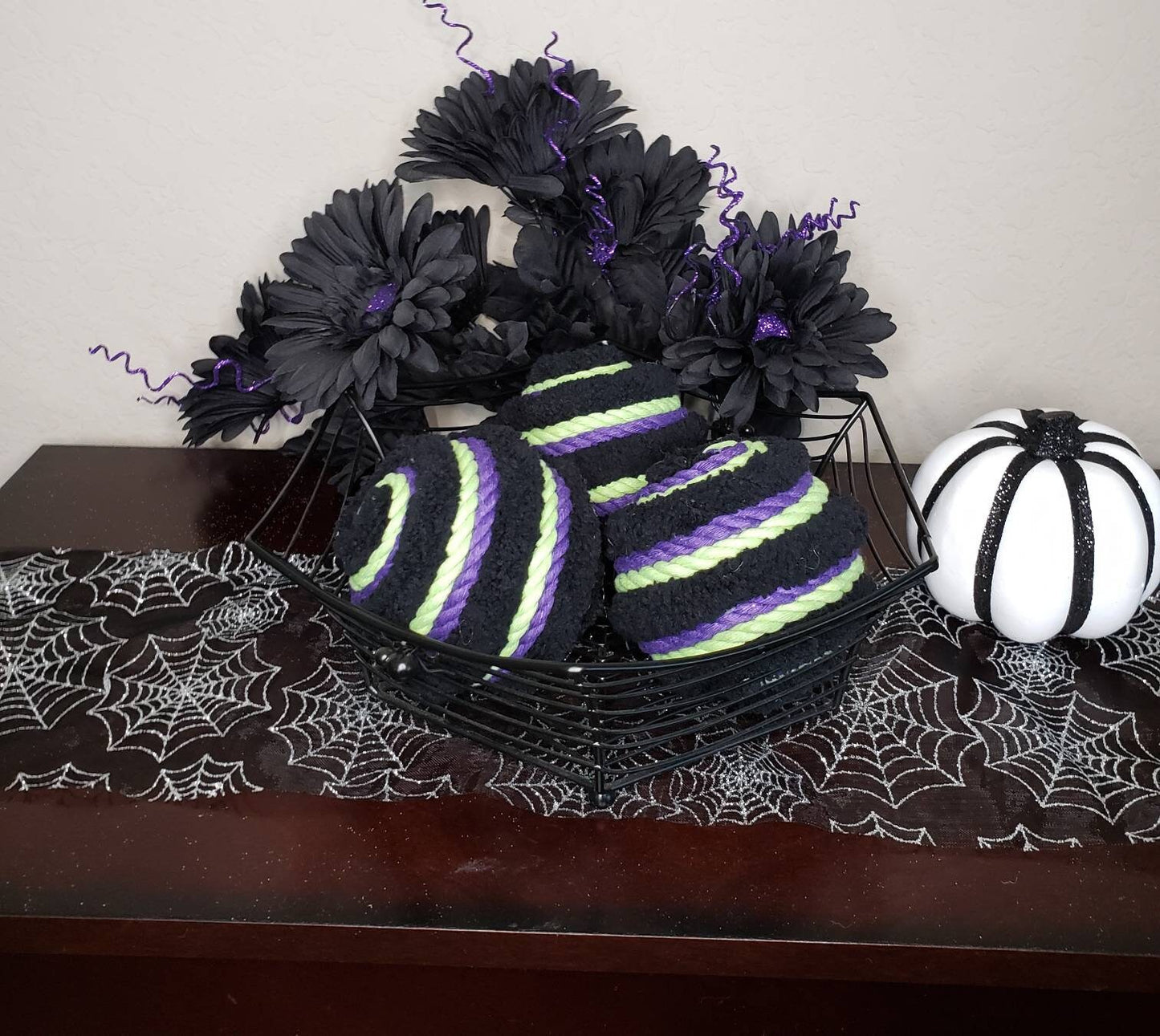 Purple, lime, and black ball wreath attachments or decorating ideas