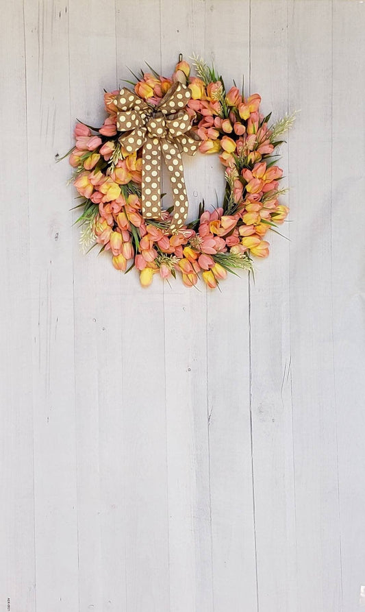 Easter, Mother's Day, Tulip, wreath, peach, yellow, wheat grass, cream, for your wall or door decor