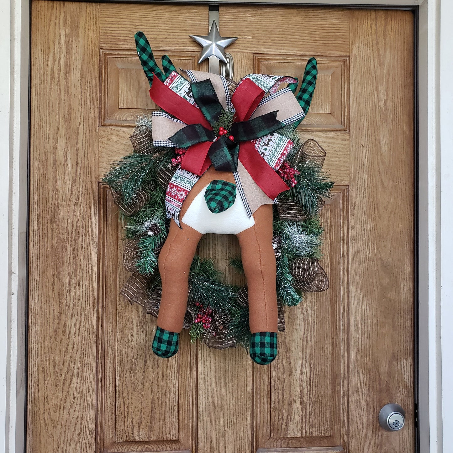 Deer, bootie, butt, wreath, is perfect for your, front door or wall decor.